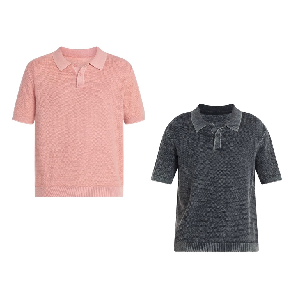 Mens Acid Wash Knit Polo Shirt Textured Short Sleeve Sweater Top 2 pack